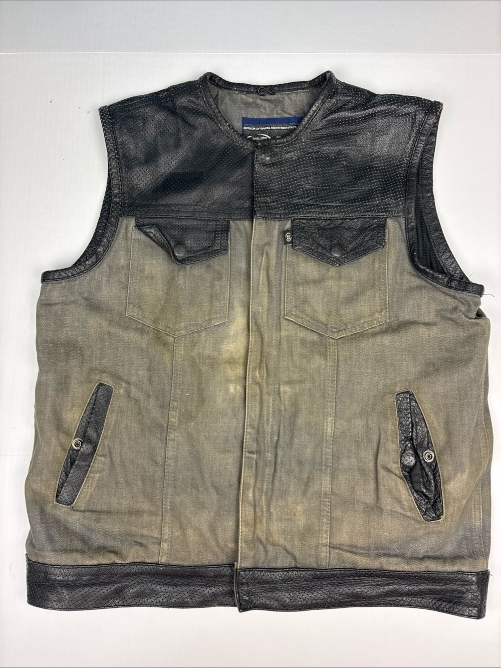 Daniel Smarl Biker Large Men Vest Gray Denim Faux Leather Trim Distressed Damage
